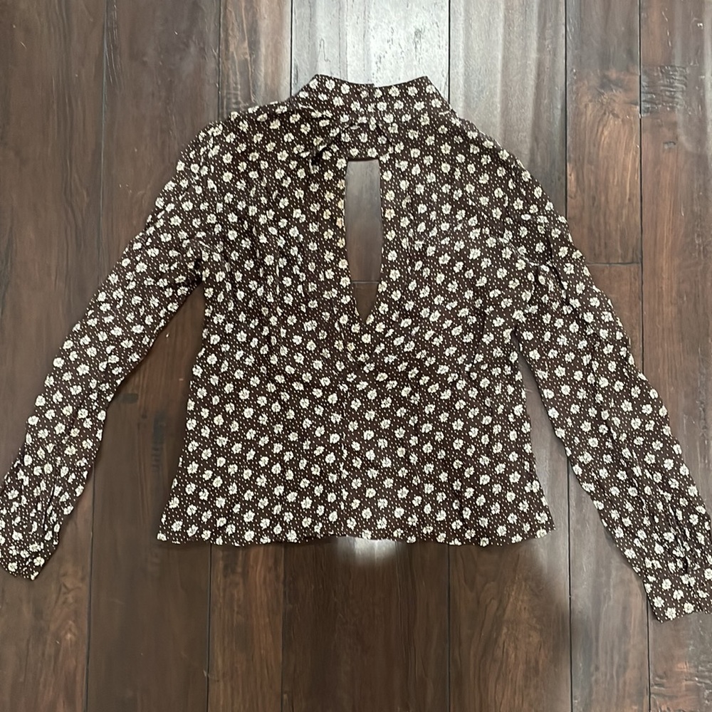 Flynn skye long sleeve floral print blouse in brown/white xs